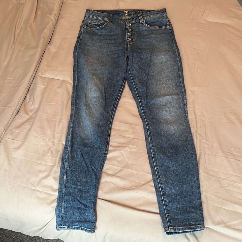 7 For All Mankind Button-fly High-waist Ankle Skinny Jeans, size 27